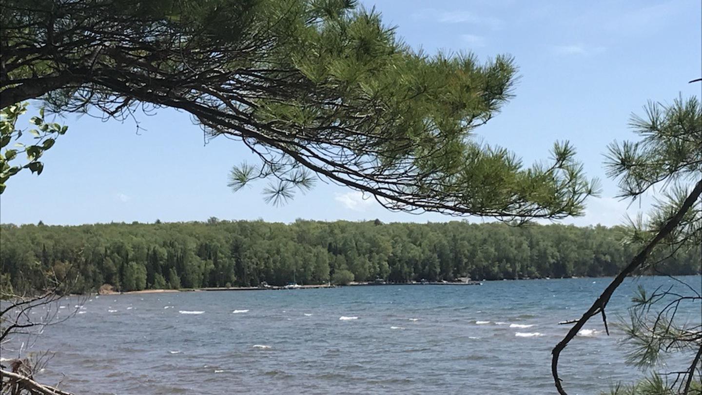 View of choppy waters at the Stockton Presque Isle dockA pine tree branch in the foreground that hangs over the Stockton Island dock & beach. Green trees layer the land near the dock. There is blue water with white cap waves