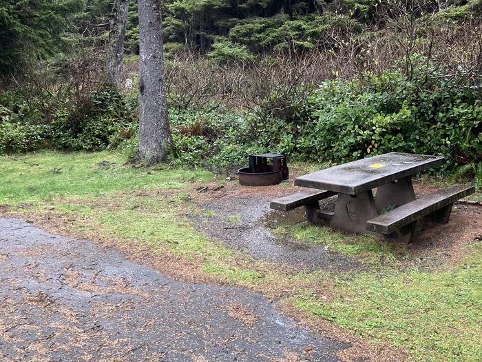 View of picnic table, fire ring, and tent pad