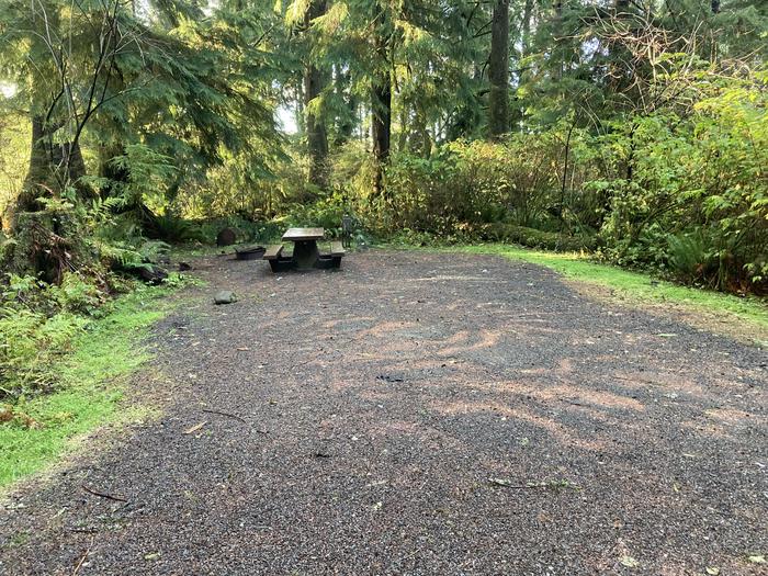 View of parking area, tent pad, picnic table, and fire ringMora Campground - B038
