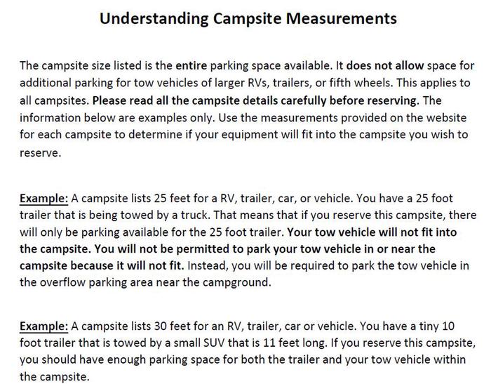 information about campsite parking sizesmeasurement information