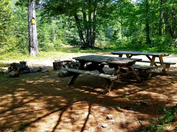 Two picnic tables and a fire pit located in the shade at Upper East Branch Campsite.Paddle, hike or bike to the Upper East Branch Campsite, which offers a mix of sun and shade on the banks of the East Branch Penobscot River.