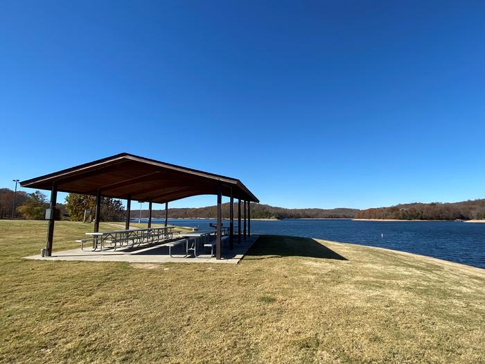 This shelter is located right on the water. 