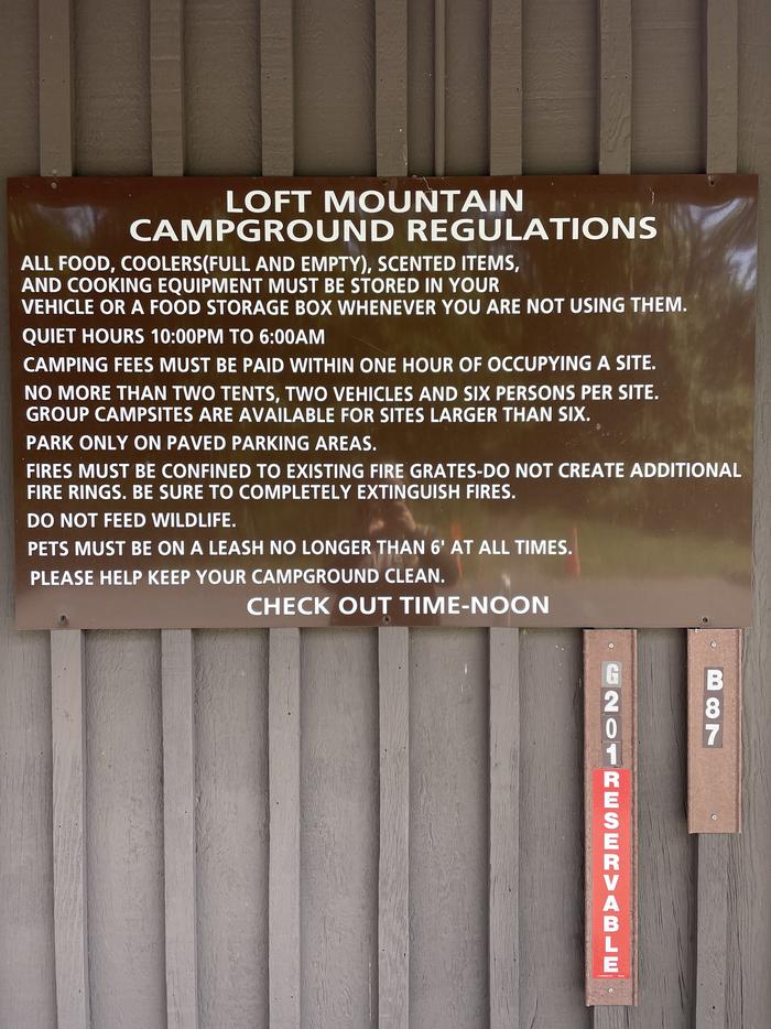 A photo of campground regulations at the facility of Loft Mountain Campground