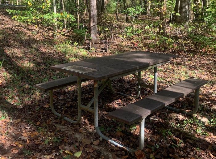 A brown picnic table.A-9 tent space.