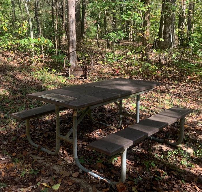 A brown picnic table.A-10 tent space.