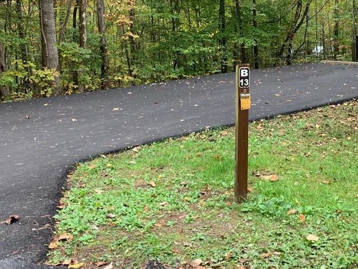 A blacktop surface with green grass on the sides with a small brown post.