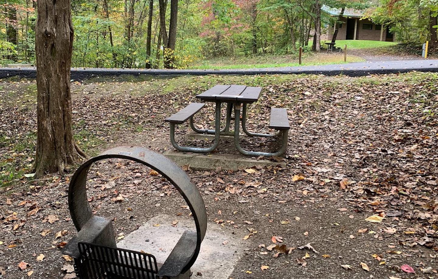 A dirt surface with a circle fire ring and picnic table.B-15 has a fire ring and picnic table.
