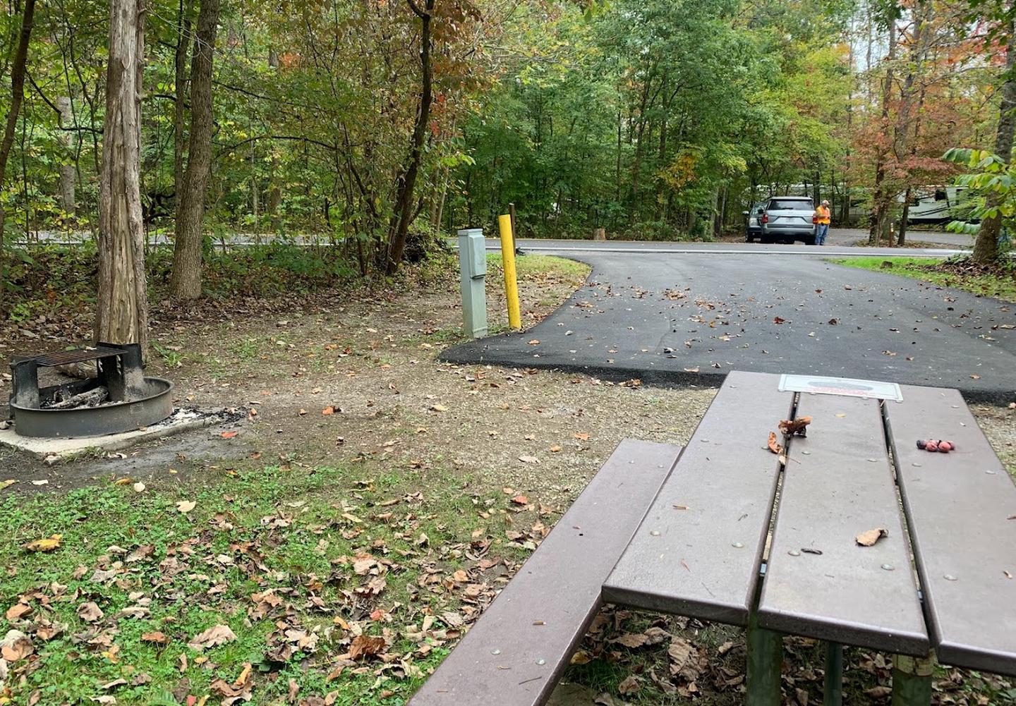 A blacktop surface with a yellow post and gray box near a circle fire ring and picnic table.C-1 has a fire ring and picnic table.