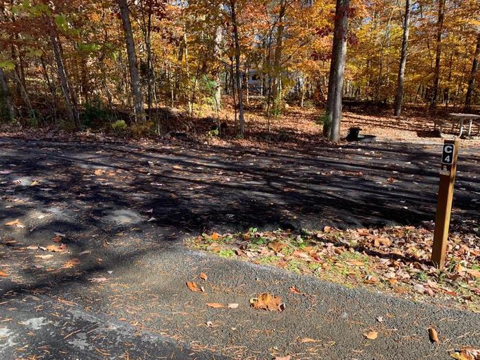 A blacktop surface with colorful leaves near by and a small brown post.