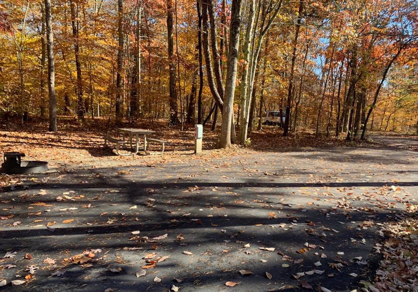 A blacktop surface with a gray box and a circle fire ring and picnic table.