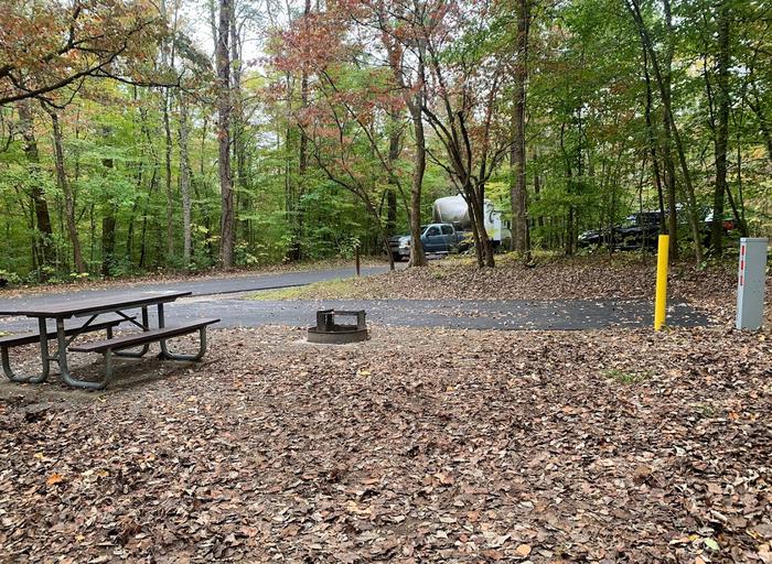 A blacktop surface with a yellow post and gray box near a circle fire ring and picnic table.C-8 has a fire ring and picnic table.