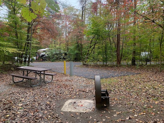 A blacktop surface with a yellow post and gray box near a circle fire ring and picnic table.C-10 has a fire ring and picnic table.
