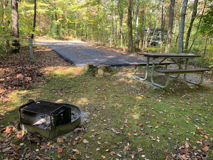 A blacktop surface with green grass on the sides with a circle fire ring and picnic table.C-15 has a fire ring and picnic table.