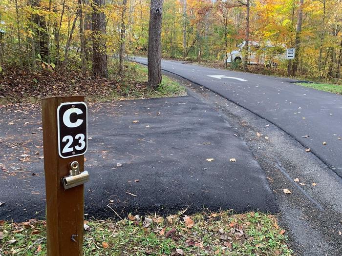 A blacktop surface with green grass on the sides with a small brown post.