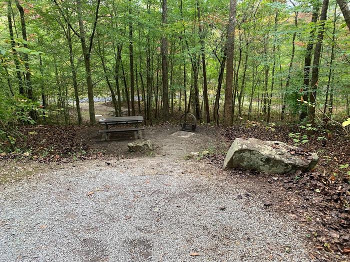 Gravel area with a big gray rock near a circle fire ring and picnic table.D-17 tent space.