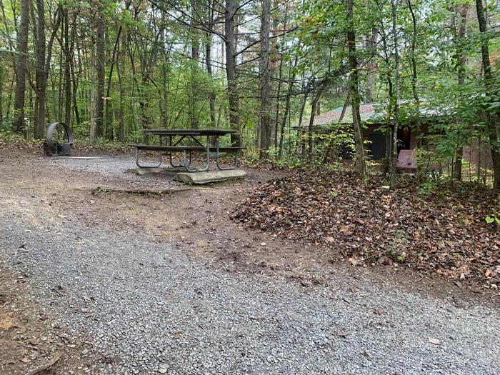 Gravel surface with a circle fire ring and picnic table.D-18 tent space.