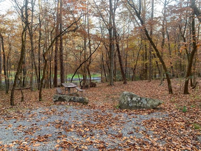 Gravel area with two big rocks near a circle fire ring and picnic table.D-20 tent space.