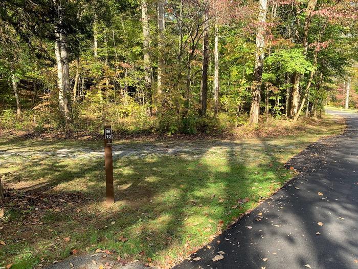 Green grass area with a small brown post near the blacktop road.E-10 has a fire pit and picnic table.