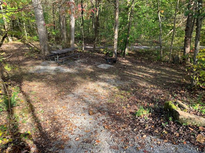 Gravel area with a circle fire pit and picnic table.E-30 tent space.