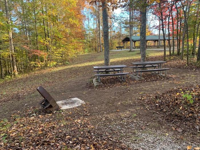 A gravel area with a circle fire ring and two picnic tables.O-5 tent space.