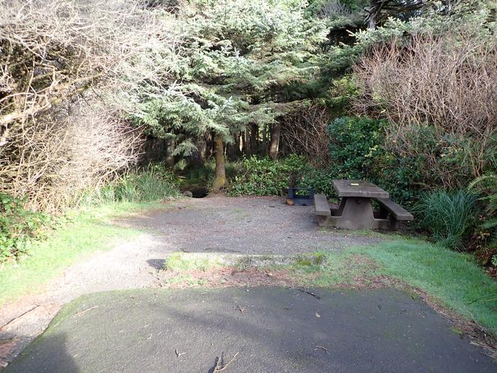 concrete picnic table and gravel area surrounded by treesA20 - picnic table and tent area