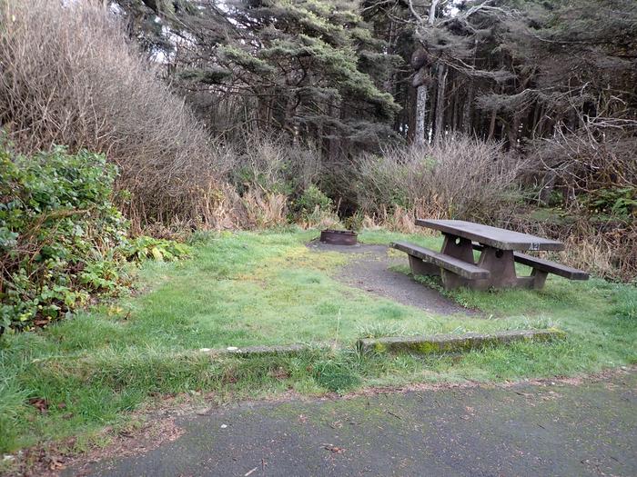 picnic table in a grassy area in campsite surrounded by treesA21- picnic table and fire pit