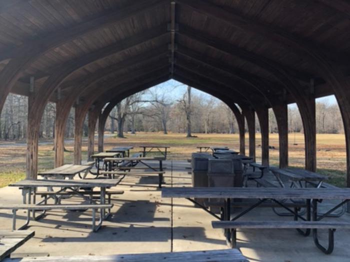 Interior of Area D Picnic Shelter: picnic tables under a wooden roof with open-air wallsInterior of Area D Picnic Shelter