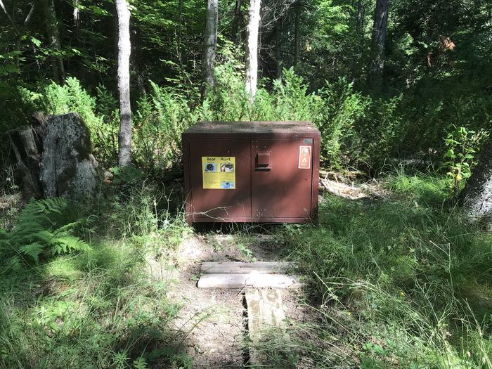 Bear lockerA color image of a brown bear box in the center of the image surrounded by grass and weeds. There is a yellow sign on the left-side door of the bear box with bear information on it. There is a brown horizontal sticker on the right door of the bear box with the site number and camping tent image on it.