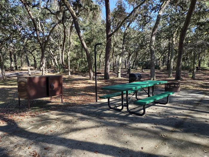 Another view of site 27Handicap accessible: Picnic table, fire ring, light pole, bear box (food storage), shade, grill; paved path to bathhouse