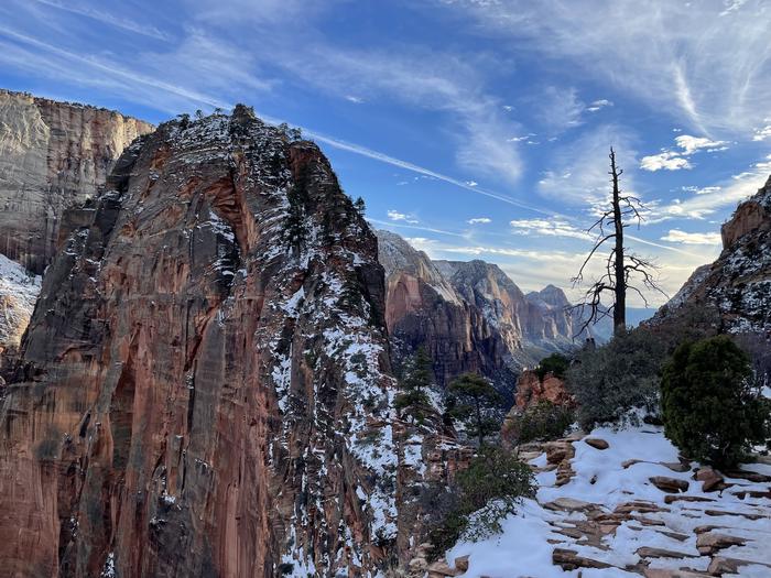 A view of Angels Landing trail with snow and ice During the spring season, snow and ice may be present on the trail. Traction devices are highly recommended.