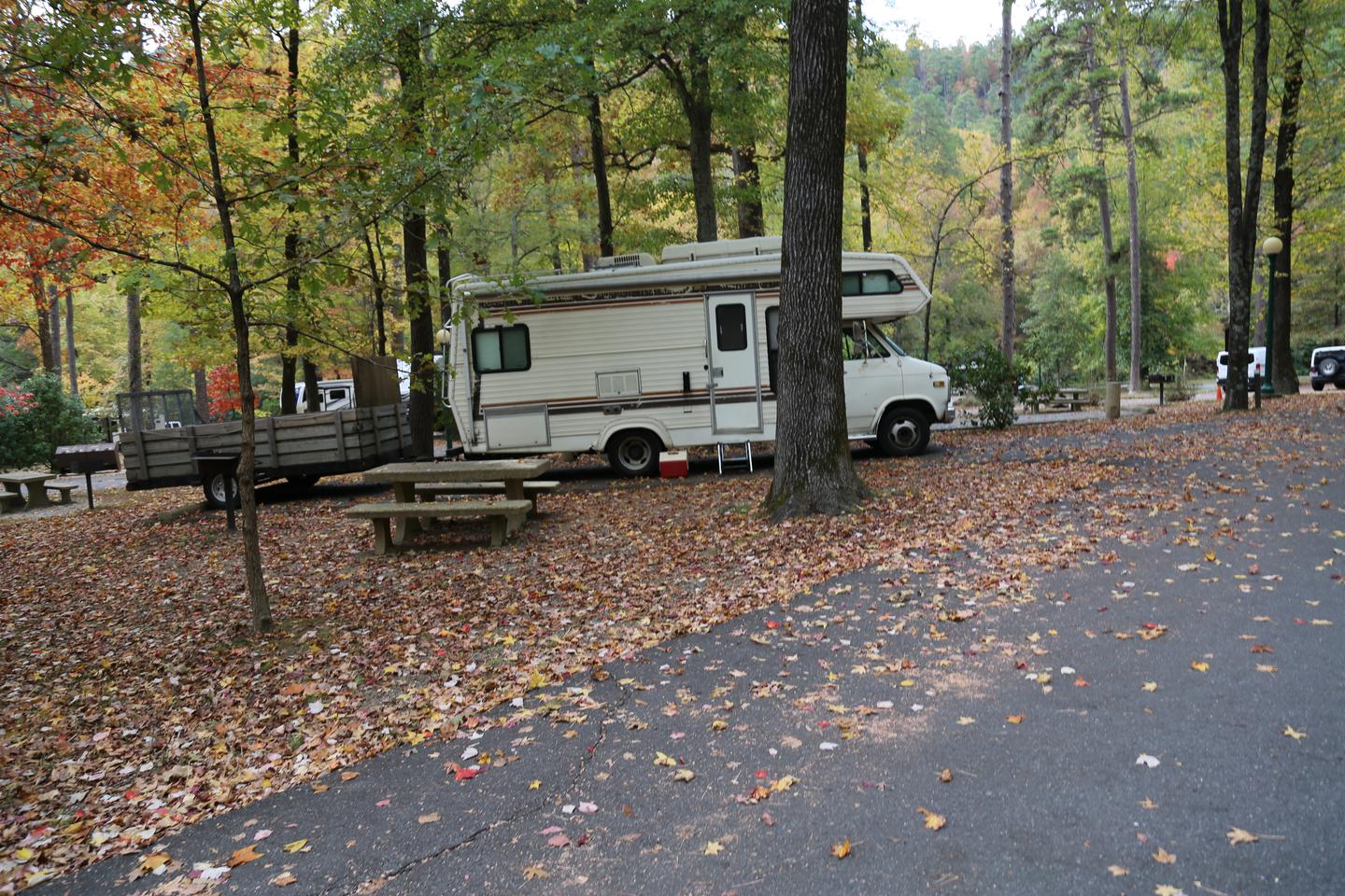 Small RV in paved campsite surrounded by leaves on the ground and treesCampsite 6