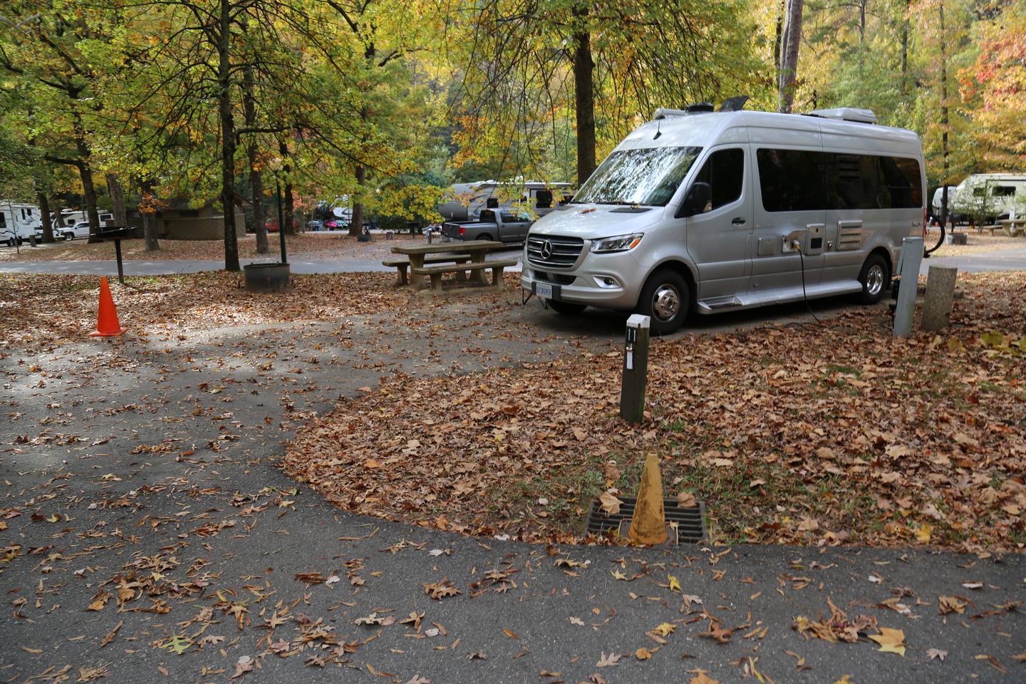 Small campervan in paved campsite with picnic table and leaves on the ground surrounded by treesCampsite 11