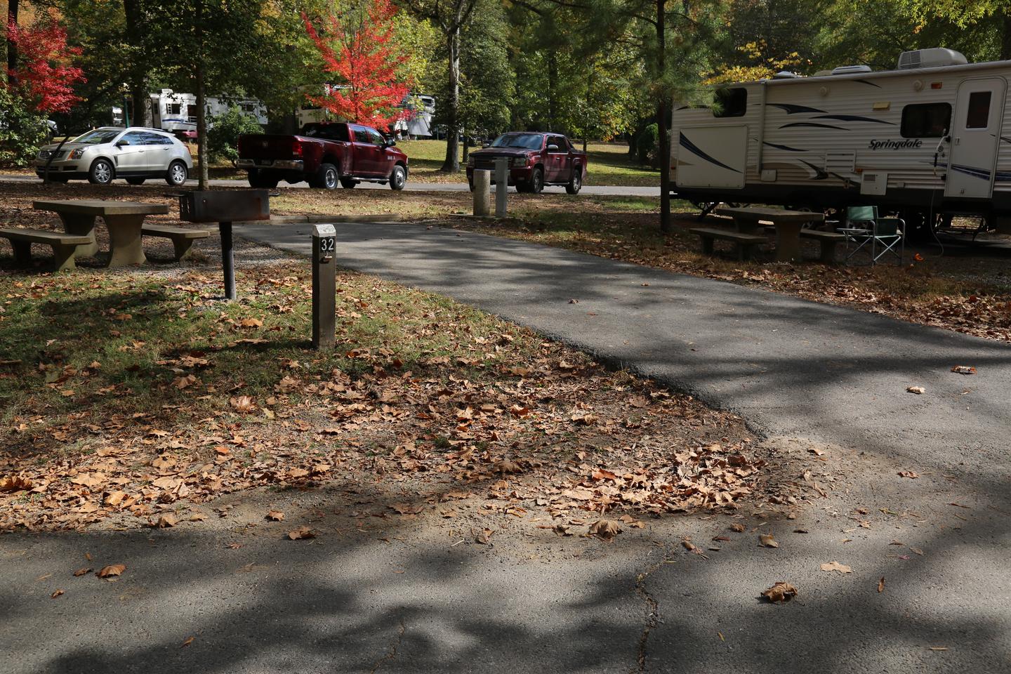 Empty paved campsite with a grill and picnic table to the right with trees surrounded and leaves on the ground.Campsite 32