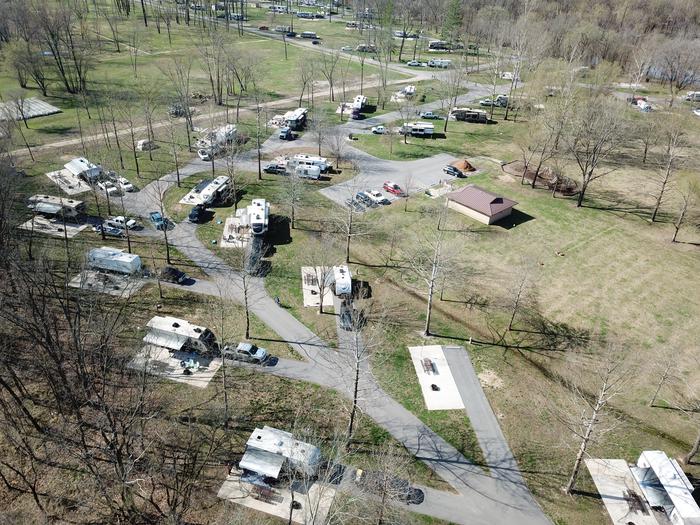 Aerial photos of middle loop of Greenville Campsite are spacious and well-shaded