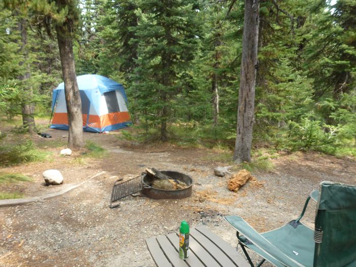 Lewis Lake site 7 with camp chair, folding table, fire ring, and tent.Lewis Lake site 7