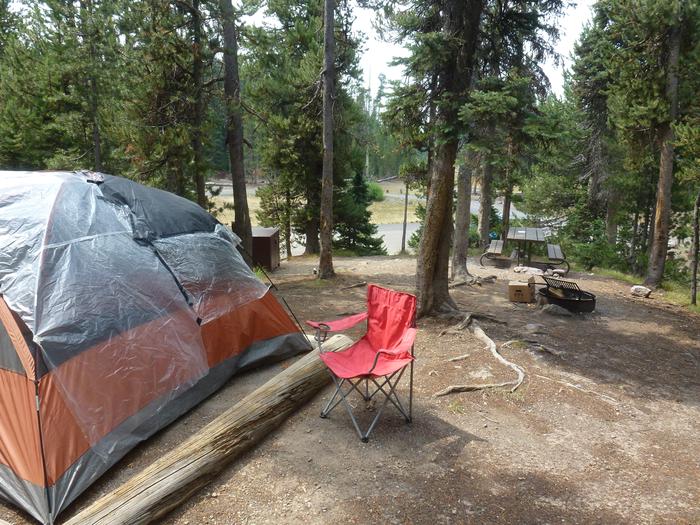 Lewis Lake site 10 with a tent set up in the tent pad and camp chair.Lewis Lake site 10