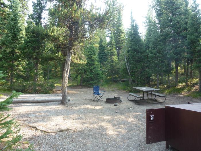 Lewis Lake site 11 bear box, picnic table, fire ring, and tent pad.Lewis Lake site 11