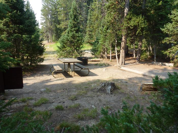 Lewis Lake site 12 picnic table, fire ring, and tent pad. Lewis Lake site 12