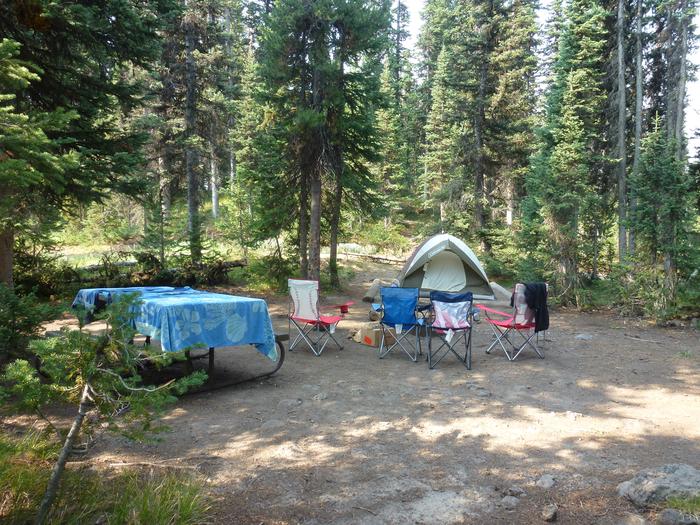 Lewis Lake site 13 with picnic table, tent, and camp chairs. Lewis Lake site 13 