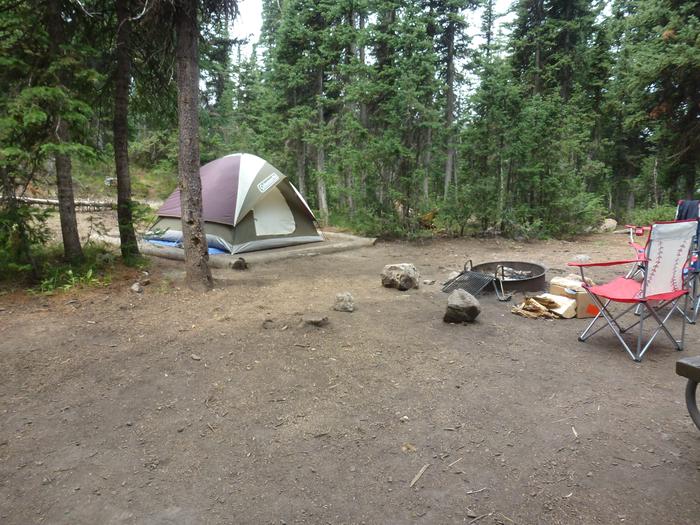 Lewis Lake site 13 with tent, fire ring, and campchairs.Lewis Lake site 13