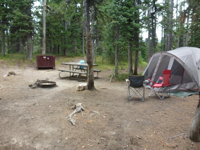 Lewis Lake site 14 with bear box, picnic table, camp chairs and tent.Lewis Lake site 14