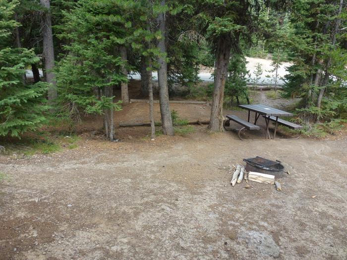 Lewis Lake site 19 fire ring, picnic table, and tent pad.Lewis Lake site 19