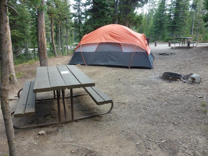 Lewis Lake site 20 fire ring, picnic table, and tent.Lewis Lake site 20