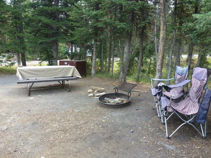 Lewis Lake site 24 picnic table, fire ring, bear box, and camping equipment. Lewis Lake site 24