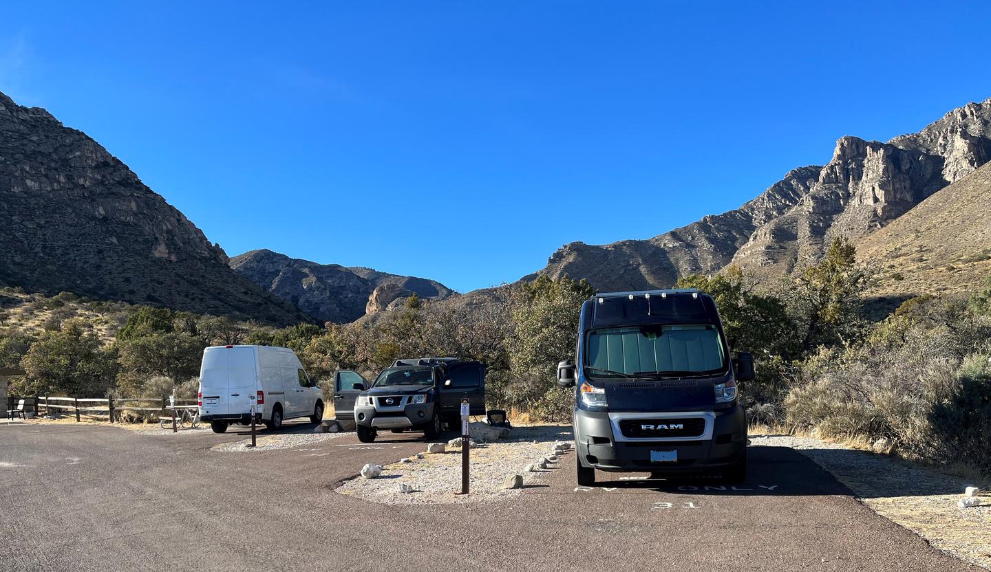 This photo of RV campsites number 31, 32 and 33 show the sites occupied by campervans & SUV to demonstrate the size limitations of the site.RV campsites 31, 32 and 33 with each sites occupied by a campervan or SUV.  These small sites will not hold extra vehicles or equipment.
