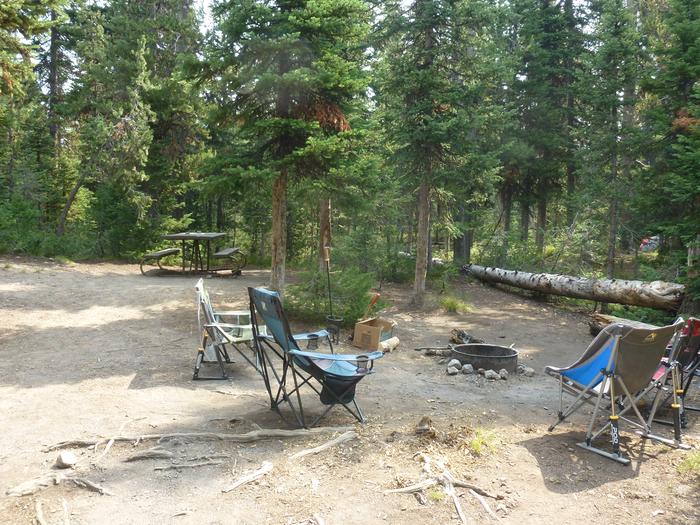 Lewis Lake site 44 picnic table, fire ring, and camping equipment.Lewis Lake site 44