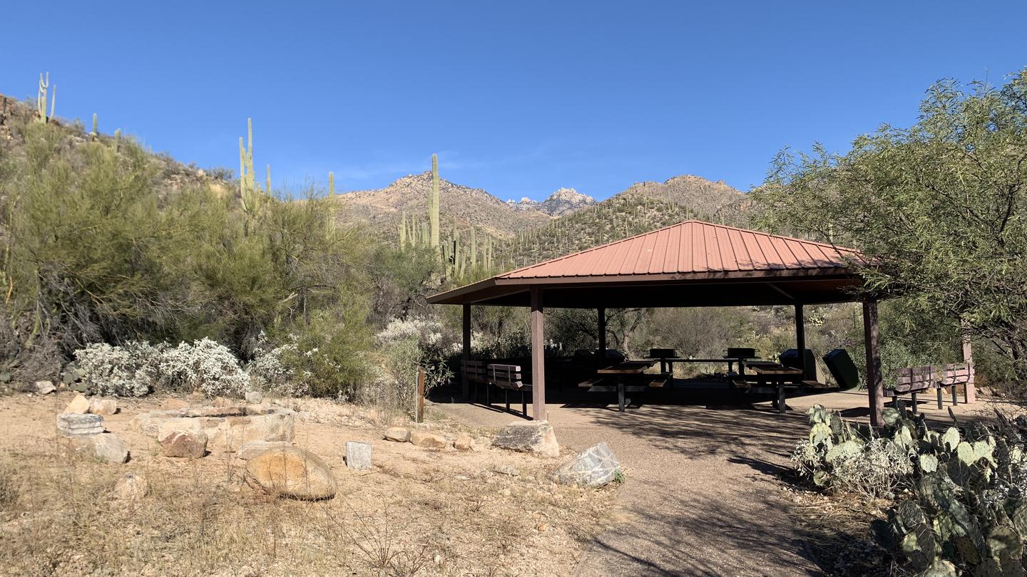 A covered ramada with picnic tables, grills, trashcans, and bear-safe contatiners. Stone fire pit immediately to the left.Cactus Ramada 1 in Sabino Canyon with a stone fire pit ring.