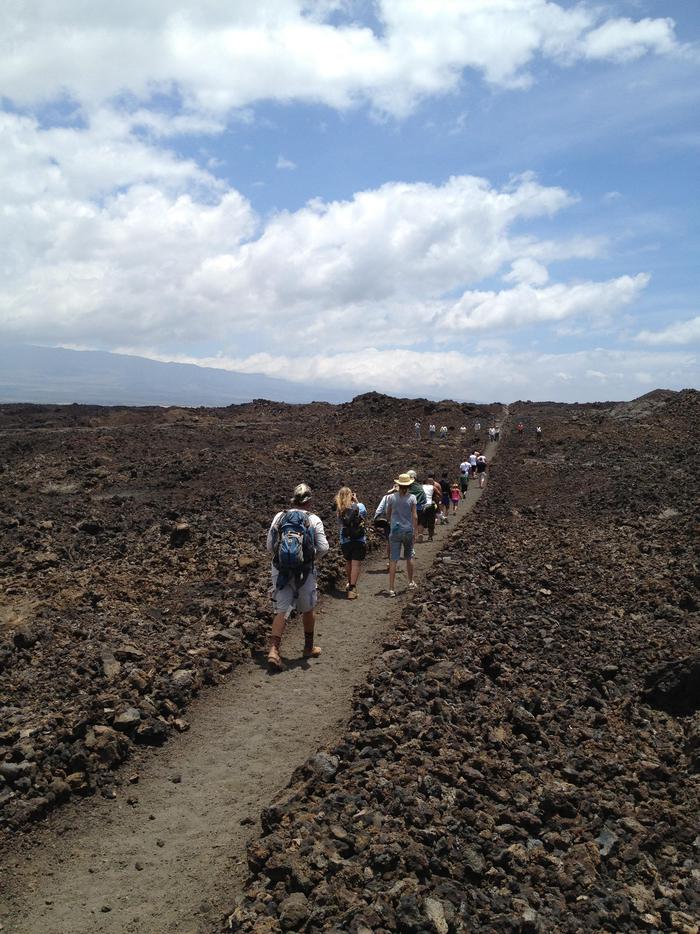 On the historic Kiholo-Puako TrailA group of people including men, women and children walk in a single file line away from the camera, on a wide, straight, historic trail that cuts through a rough ʻaʻa lava field. The trail appears as a light grey, against the darker lava lining it, the