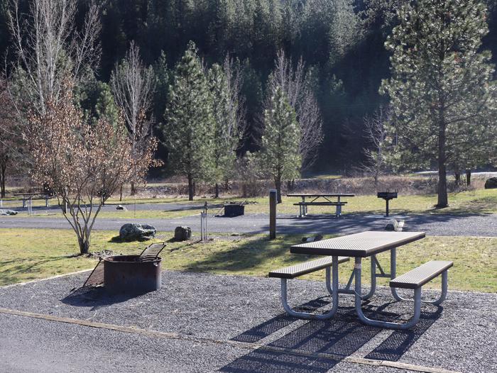 Each RV site which has a fire ring, standing BBQ grill, and picnic table.One of 15 RV sites offered at Pink House Recreation Site.
