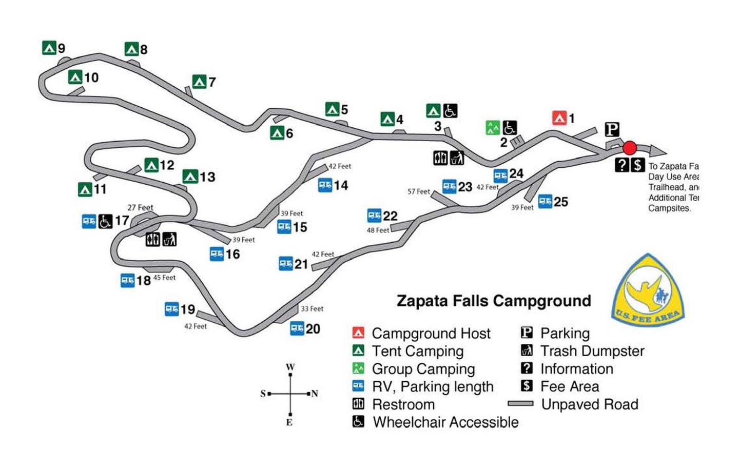 Zapata Falls Campground Map w/ RV Spurs